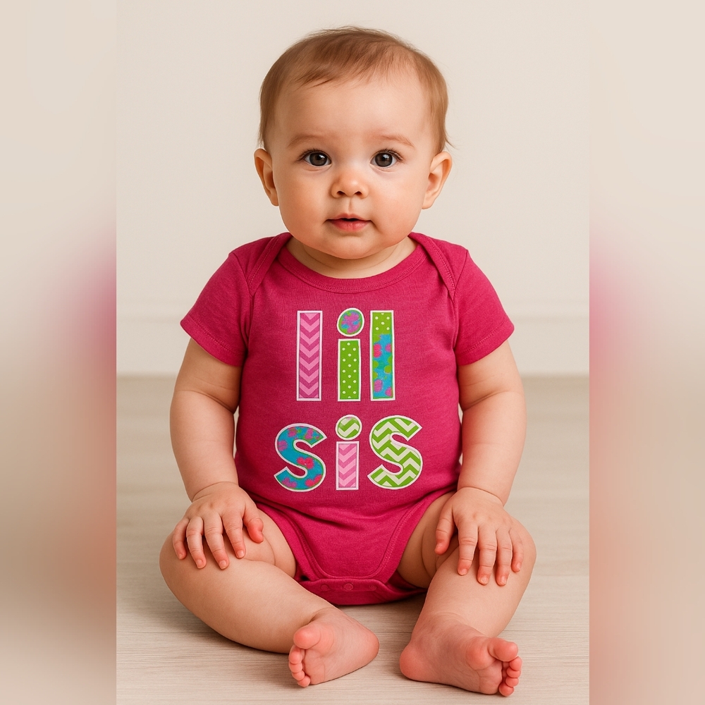 ⭐Bn) Carter’s 12M “Lil Sis” Pink Short Sleeve Bodysuit – Baby Girl Outfit